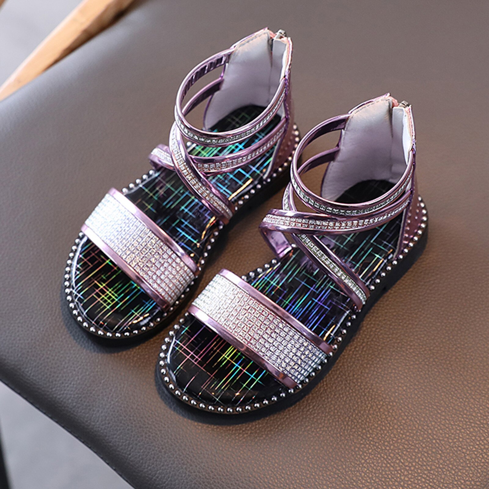 Sandales respirantes pour enfants, pantoufles plates de princesse scintillantes, chaussures à semelles souples pour tout-petits