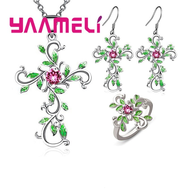 1 Set Crystal Bloem Ketting Hangers 925 Sterling Zilveren Kruis Sieraden Set Voor Vrouwen Boho Vintage Sieraden: Style1 silver