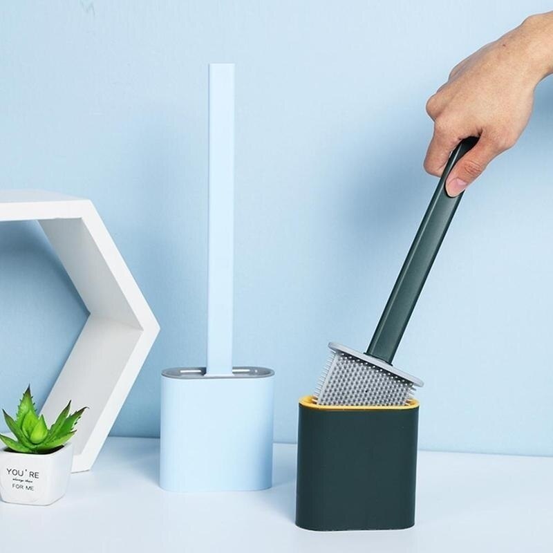 1pc silikon wc toalettbørste veggmontert flatt hode fleksibel myk børste hurtigtørkende holder 2 stk back stick baderomstilbehør
