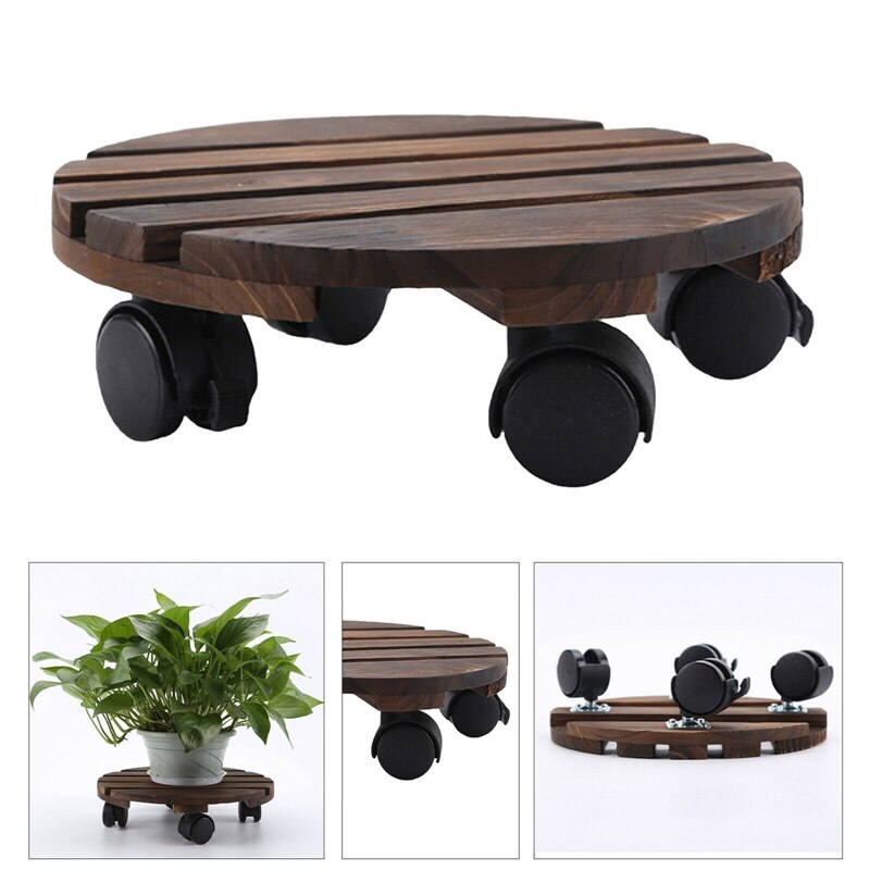 Movable Plant Stand Caddy Round Flower Pot Wooden Trolley Mover With Wheels