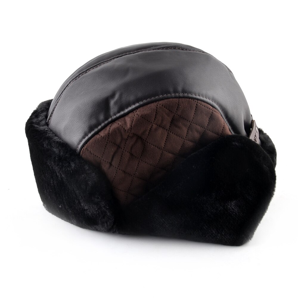 Imitation leather fabric ear flaps hat men ushanka snow keep warm caps unisex bomber hat women winter hats for men's cap bone