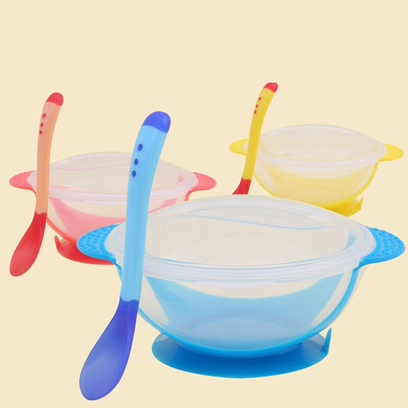 3 stks/set Baby Speelgoed Servies Servies Zuig Kom met Temperatuur Sensing Lepel Baby Food Grade Voerbak Bijtring Speelgoed