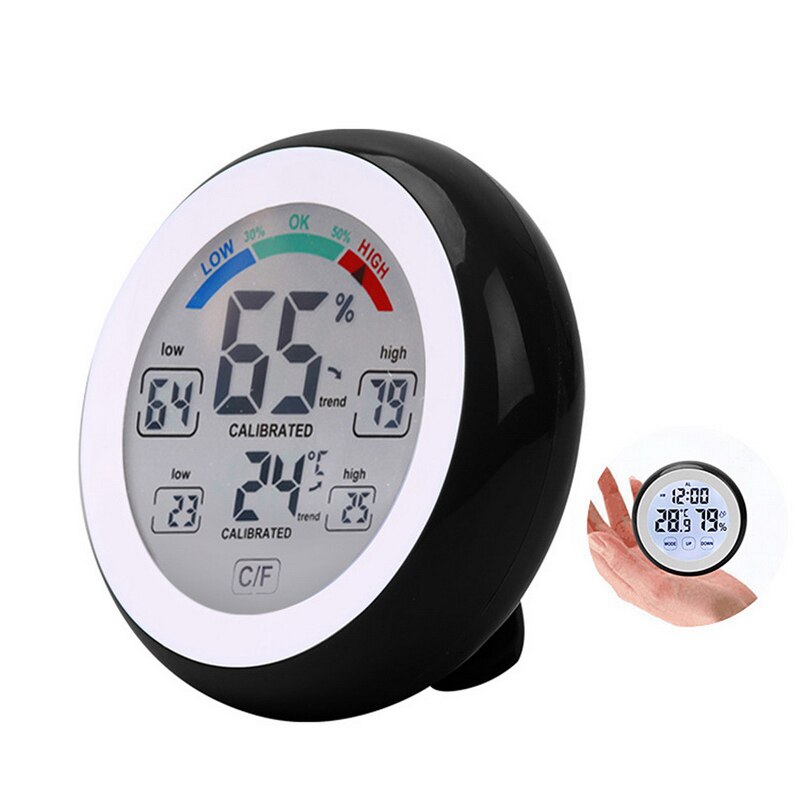 1Pcs Round Wireless LCD Digital Thermometer Hygrometer White Backlight Multifunctional Temperature Gauge Humidity Meter Clock: black