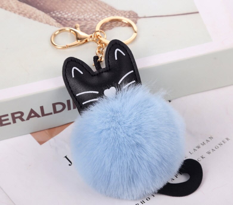LLavero de gato colgante de 8cm, adorno de bola de gato enchufado para bolsa y mochila: Azul cielo