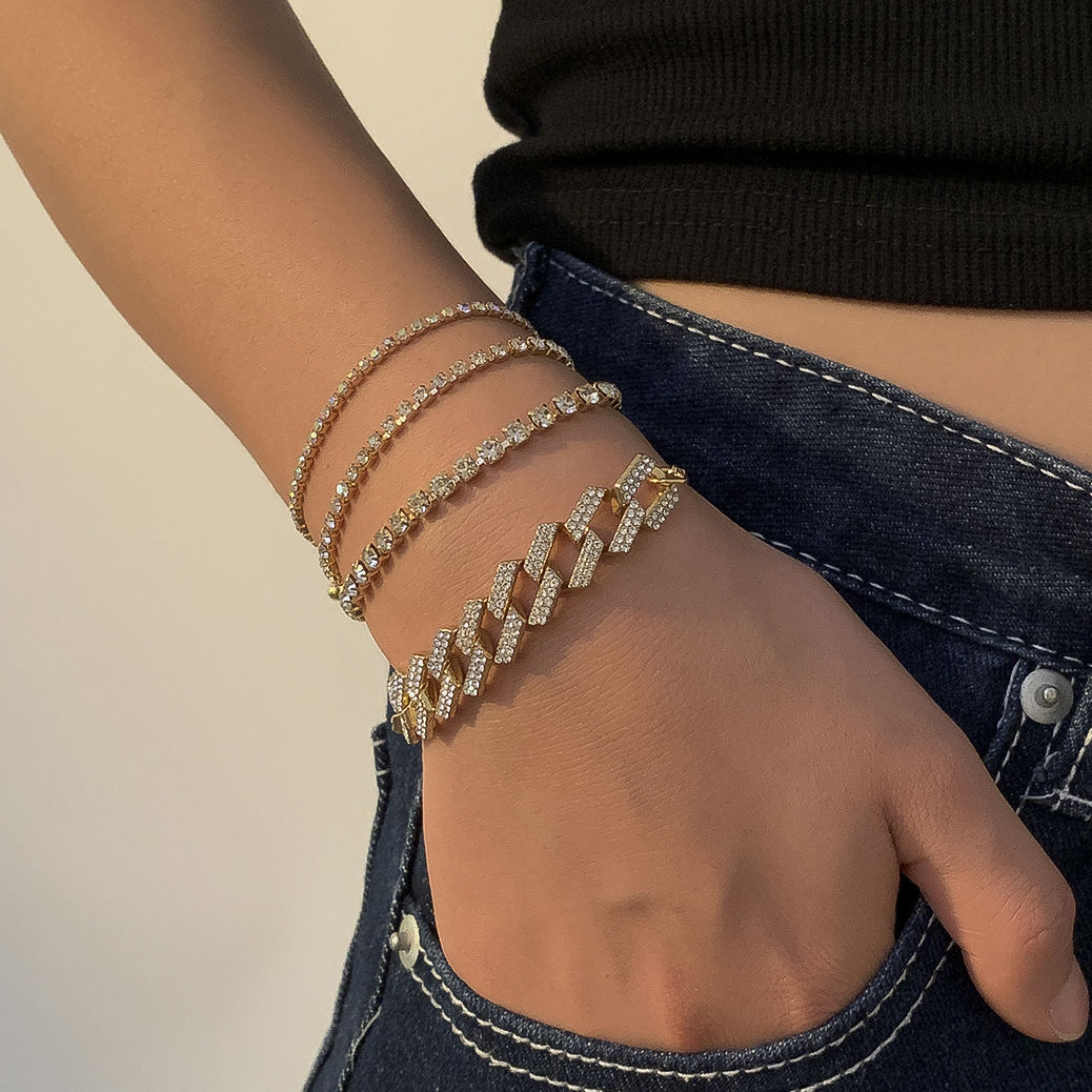4 Stks/set Luxe Shiny Rhinestone Armbanden Set Bangle Vrouwen Mannen Verstelbare Clear Crystal Chunky Link Charm Armband Hand Sieraden: Antique Bronze Plated