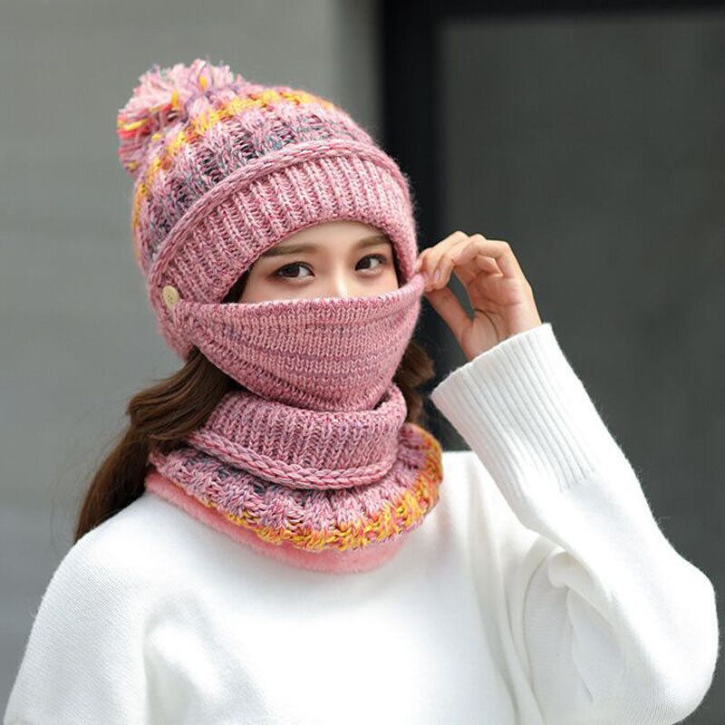Neue Winter Plus samt gestrickte Hütte, schal, maske, drei-stück anzug, reiten winddicht gesicht und ohr schutz dicken woll Hütte: Rosa