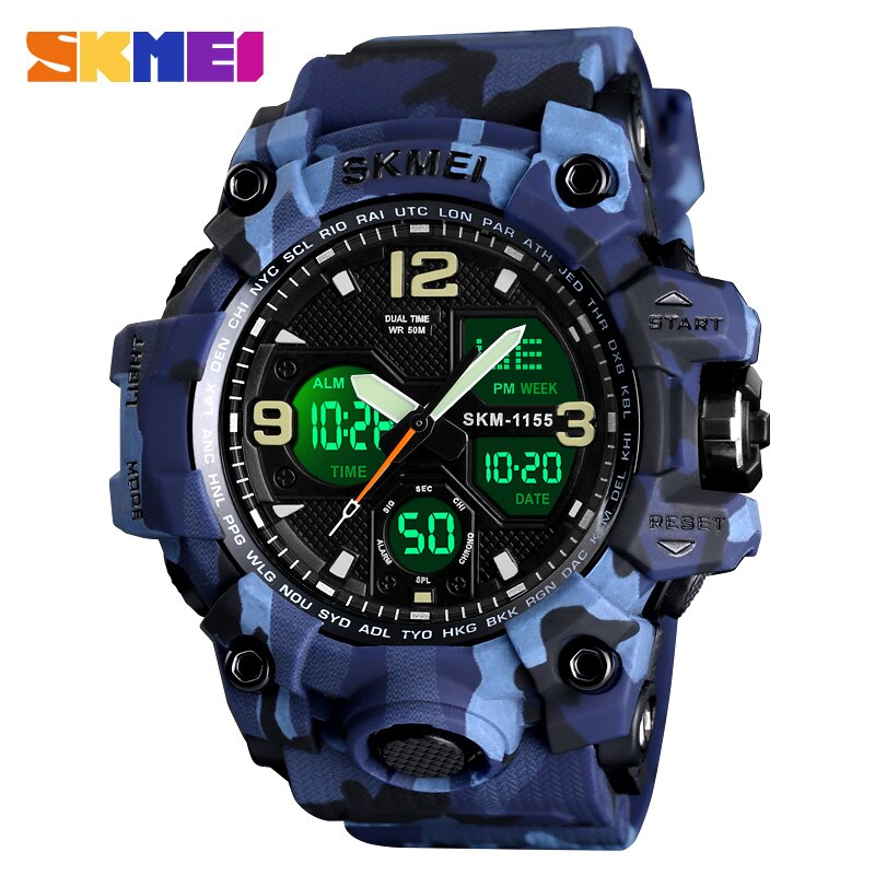 Skmei luminous dual display herre sportsure mandlige quartz armbåndsur stopur automatisk dato alarm elektronisk ur 1155b farve: Blå camouflage