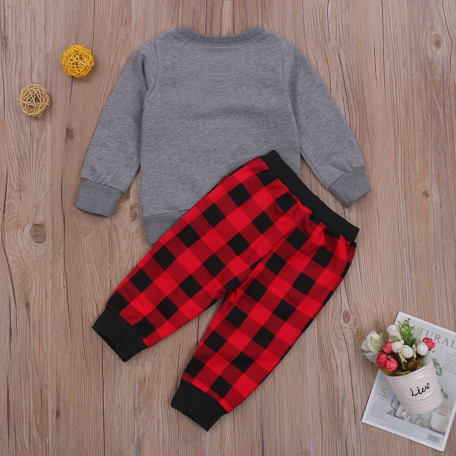 Baby Jongen Lange Mouw Broek Pak Cartoon Kerstman Trui T-shirt En Klassieke Plaid Elastische Lange Broek Homewear
