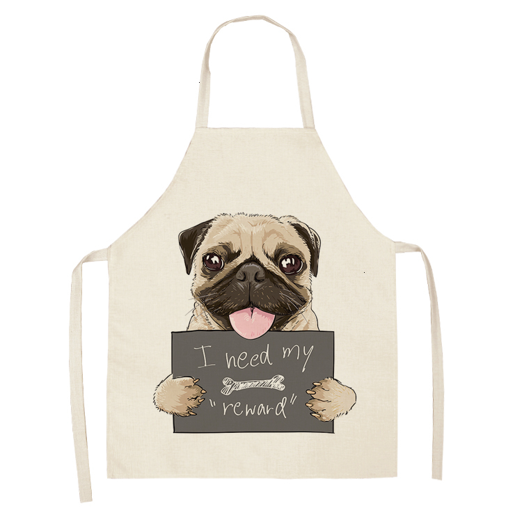 Nette Hund Mops Gedruckt Baumwolle Leinen Ärmel Schürze Küche Schürzen Frauen Hause Kochen Backen Taille Lätzchen Schürze 53*65cm WQL0152: WQL0152-12