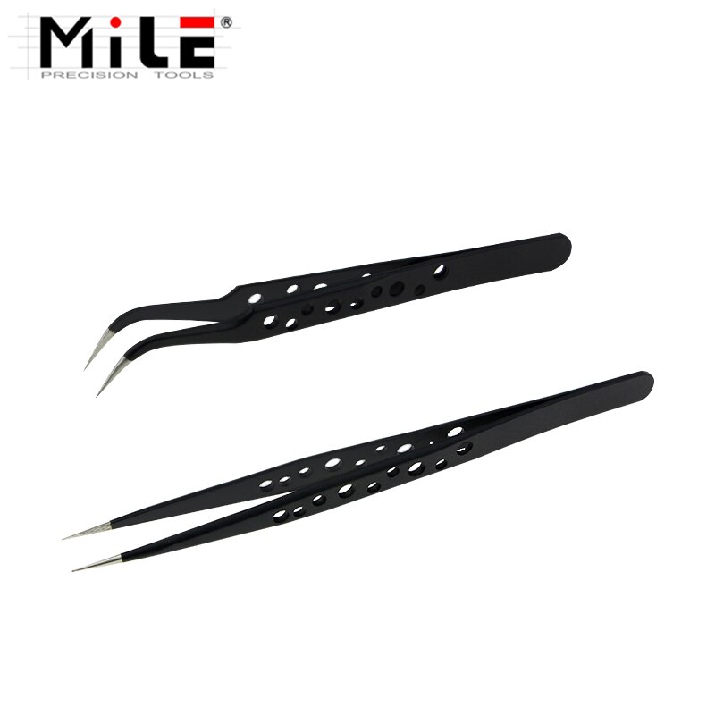 Mile aço inoxidável anti-estática pinças esd nove furos precisão curvada ponta reta pinças ferramentas: MIX 2PCs