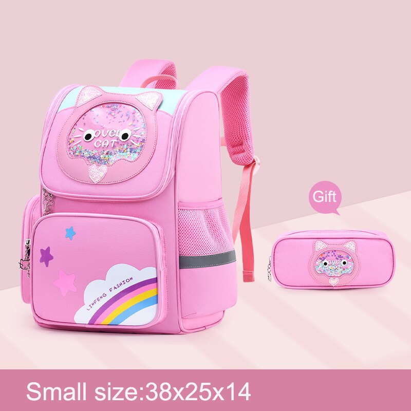 Kinderen Schooltassen Voor Meisjes 6-12 Jaar Kinderen 3D Cartoon Rugzakken Schooltas Knapzak Kids Schooltas Mooie Kat rugzakken Meisjes: small pink