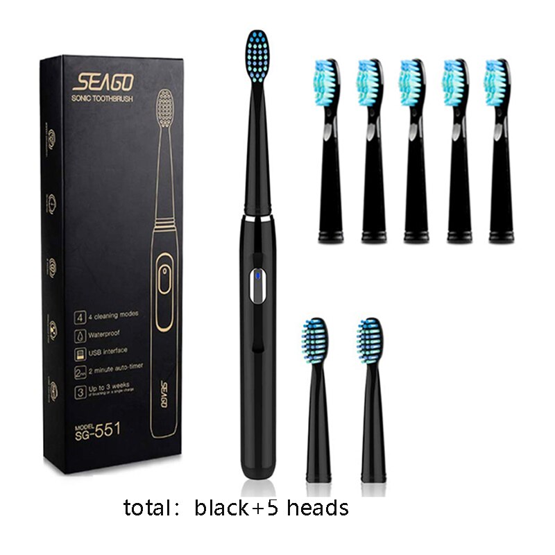 Seago elektryczna soniczna szczoteczka robić zębów SG-551 z wymianą głowice szczotek 4 tryby czyszczenia jedna kluczowa operacja dźwiękowy wibracja wodoodporny Szczotka: czarny i 5 heads
