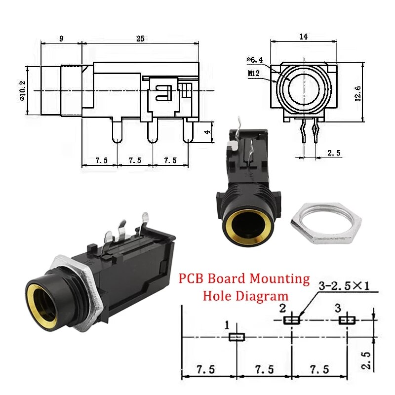 Conector de Audio para chasis de 6,35 MM, 6,35mm, 1/4 pulgadas, montaje en Panel PCB, micrófono, altavoz, adaptador de conector de Audio para chasis, 5 unids/lote