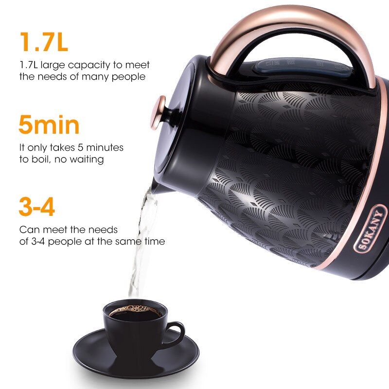 1.7 Liter Stainless Steel Electric Kettle. 2000W Fast Boil , Auto Shut-Off and Boil-Dry Protection.