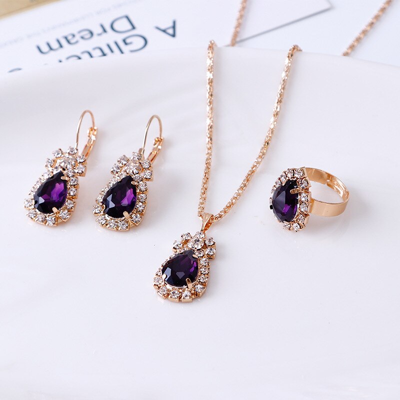 Trendy Party Goud Kleur Water Shape Crystal Oorbellen Ketting Verstelbare Ringen Bruids Sieraden Sets Voor Vrouwen: Purple