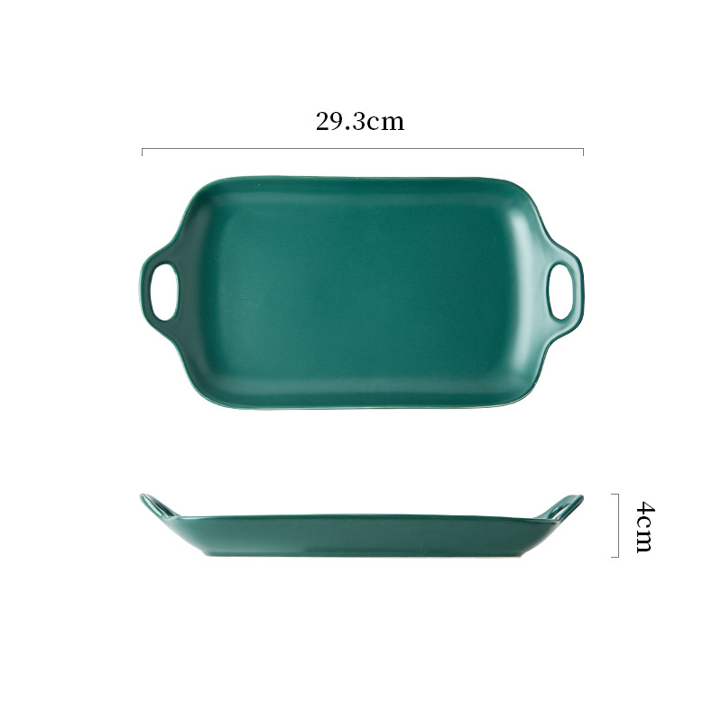 Nordic Matte Ceramic Plate Double Ear Household Plate Dim Sum Baking Plate Red Western Plate Square Plates Set Diner Plate: Green Rectangular