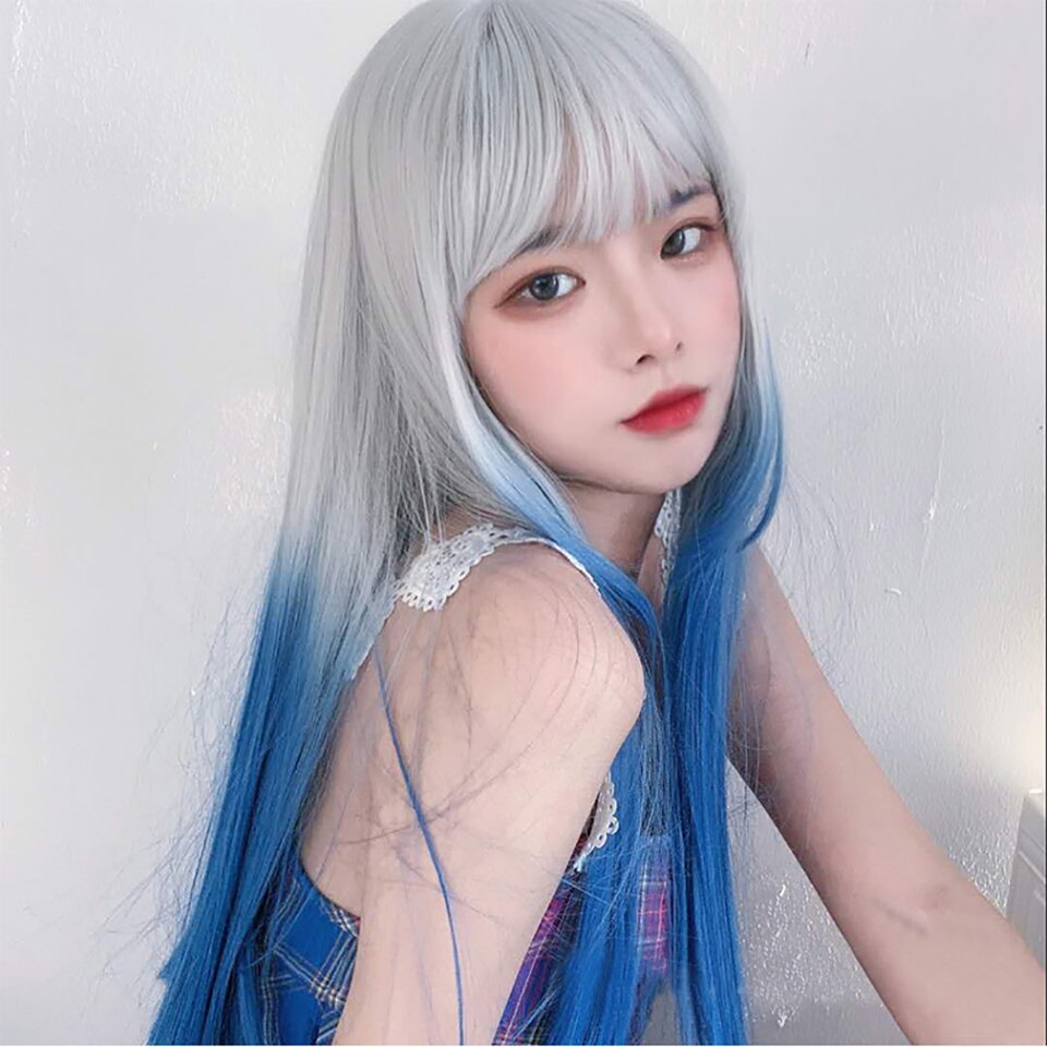 MEIFAN largo recto Cosplay de Lolita casco peluca sintética con flequillo mujer blanco Ombre pelo Rosa degradado peluca chica: Gradient blue