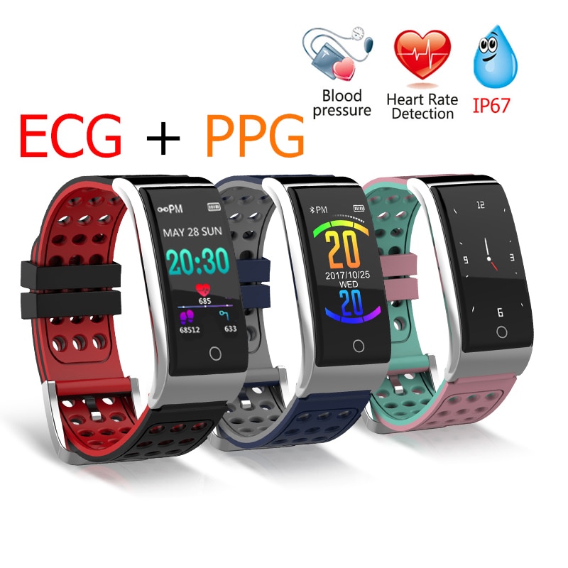 Ecg ekg blodtryksmåler fitness tracker 0.96 tommer farveskærm ui  ip67 vandtæt langt standby smartur mænd kvinder