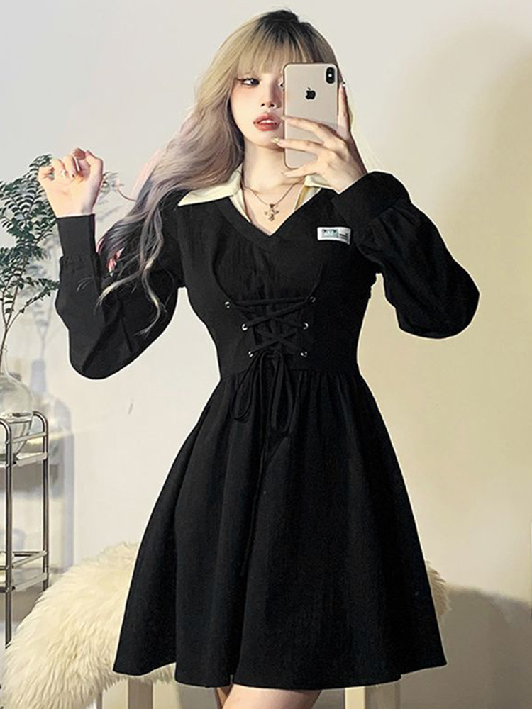 Zoki koreansk oversize 4xl sort kjole til kvinder snørebånd preppy kjole afslappet retro minikjole med a-linje og nedadgående krave