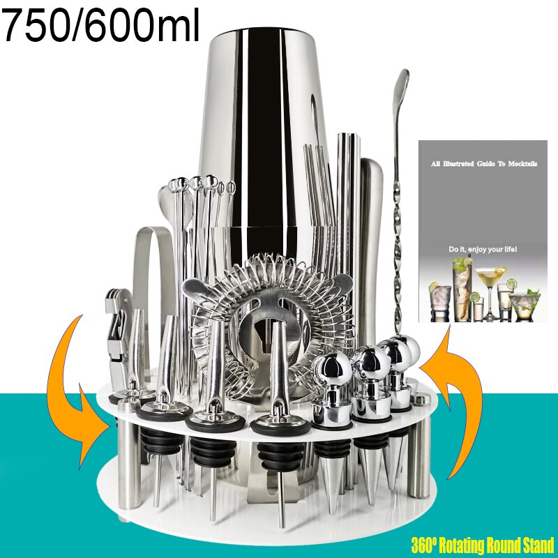 Cocktail Shaker Set, 28 Piece Bartender Kit with Rotating Stand:Stainless Steel Bar Set for Home, Bars, Parties and Traveling: 28P 750600ml W Stand