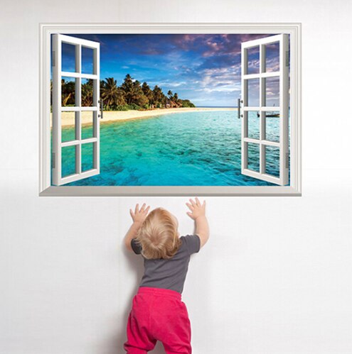 Autocollant Mural 3D en fausse fenêtre exotique, pour décoration de la maison, décoration artistique