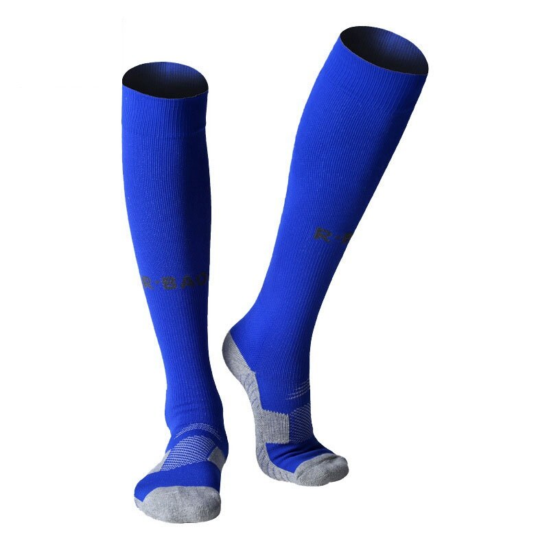 R-bao bomuld mænd 8 farver et par lange fodboldsokker skridsikker sport fodbold ankelben skinnebensbeskyttelse kompressionsbeskytter sokker: Blå