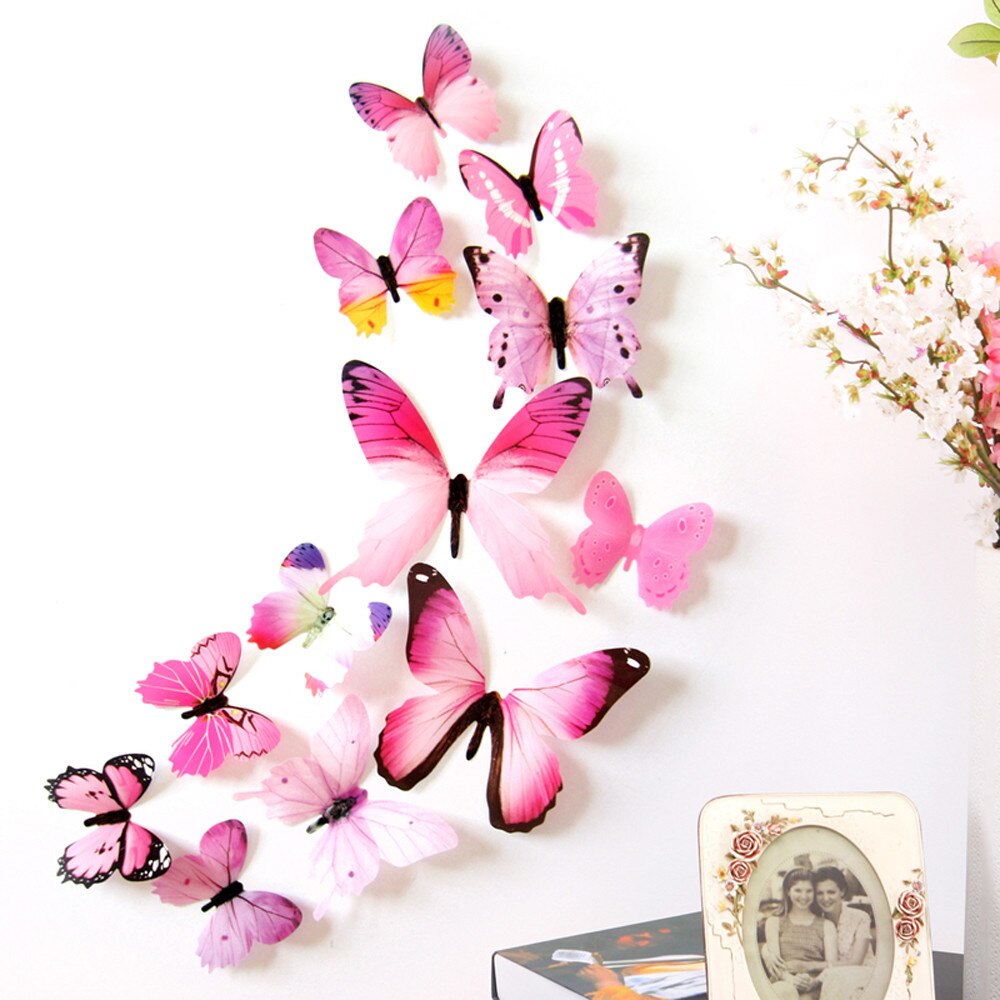 12 stk 3d gør-det-selv sommerfugle-regnbue-mærkat wallstickers hjem stue dekorationer fest bryllup indretning: Lyserød