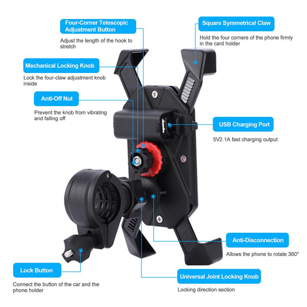 Motorcycle Mobile Phone Holder Bike Rechargeable GPS Navigation Holder Seat Charging USB Silicone X-grip Phone Stand