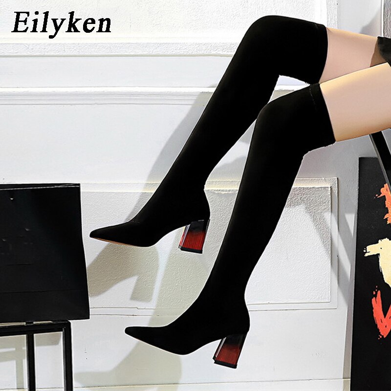 Eilyken – cuissardes à talons épais pour femme, bottes chaudes à enfiler, en daim élastique, cuissardes hautes, taille 34 à 40, collection automne-hiver 2022