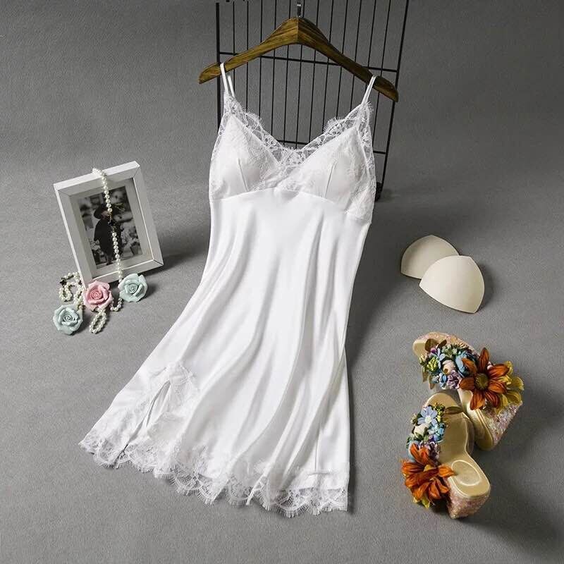 Sexy Lingerie Women Silk Lace Robe Babydoll Nightdress Nightgown Sleepwear Dress 3FS: White / M