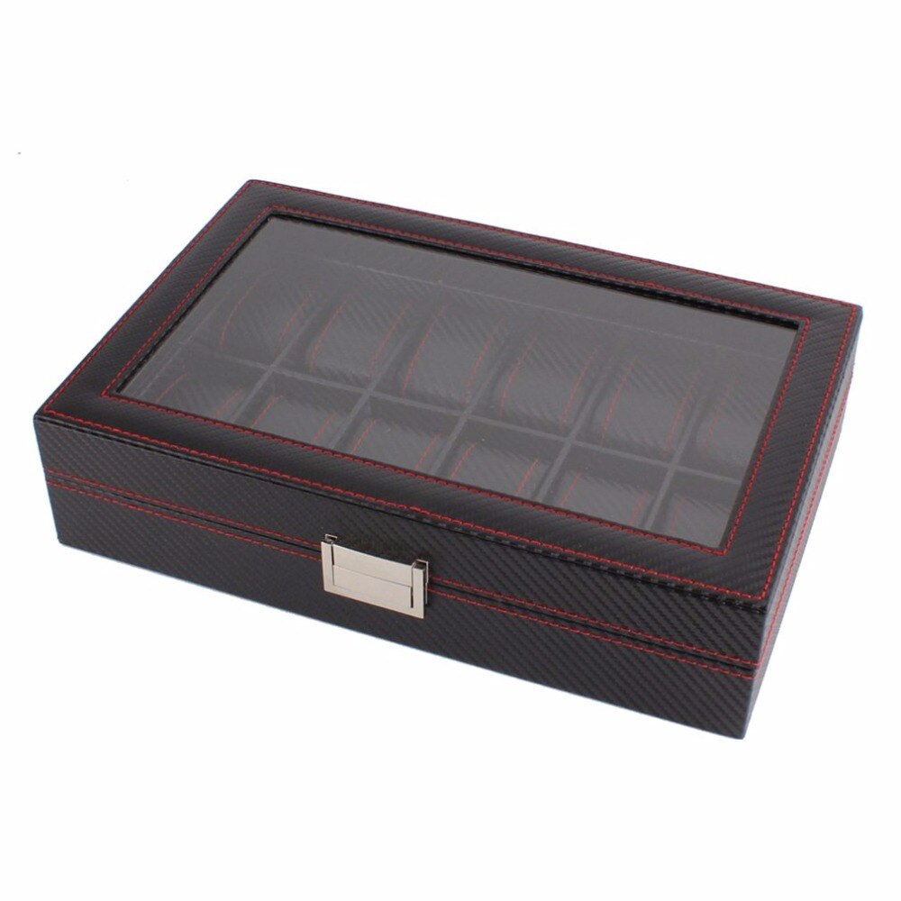 10 Grids Carbon Fibre Patroon Horloge Doos Horloge Houder Opbergdoos Sieraden Display Zwarte Kleur Case Organizer