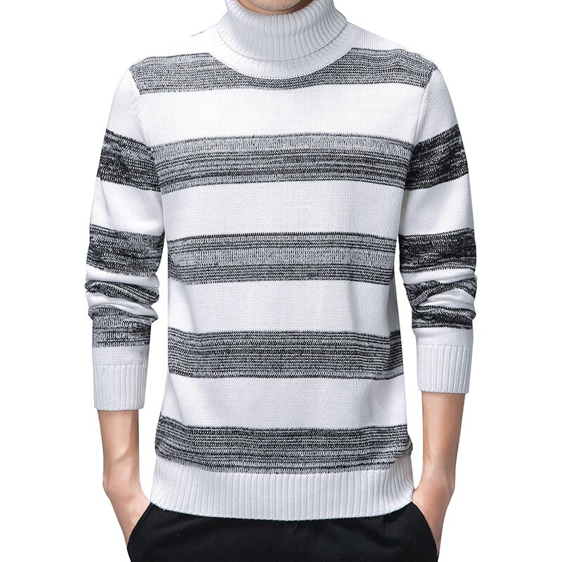 Menn stripet turtleneck genser oversize høst varm bomullsgenser herre genser for menn slim fit genser pull homme klær slim: Hvit / M