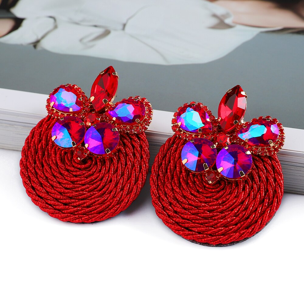 Ethnic Style Cotton Cord Weave Round Ear Accessories Vintage Sparkly Crystal Dangle Earrings For Women Luxury Jewelry: 35