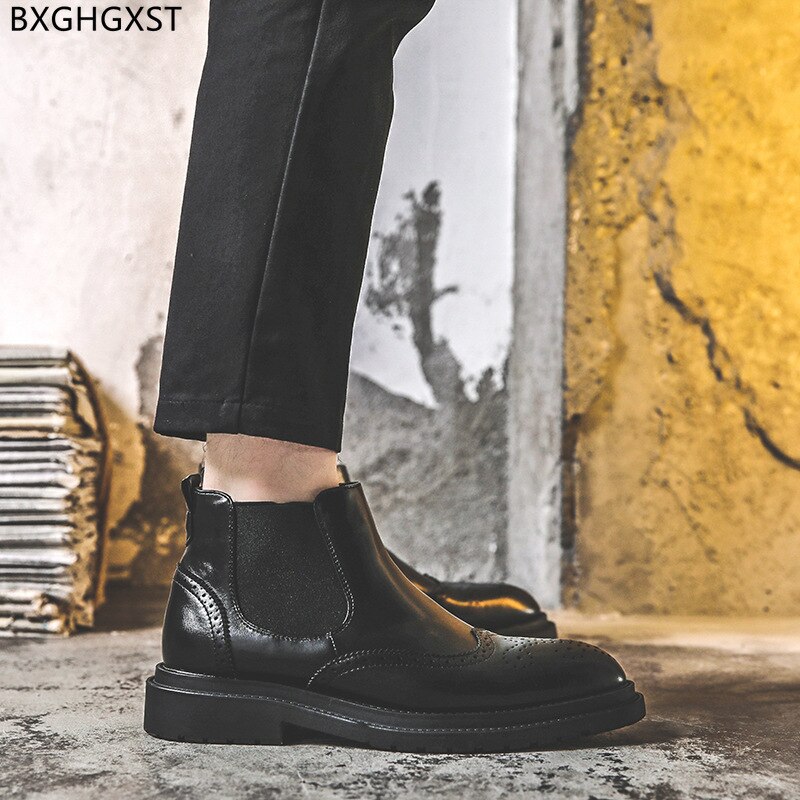 Bottes Chelsea noires en cuir pour hommes, grosses chaussures à plateforme pour moto, 2022