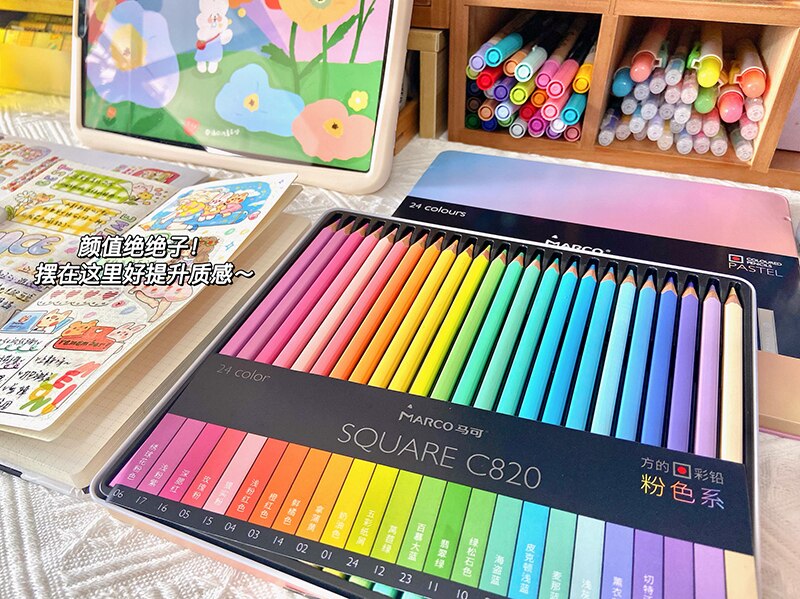 Marco 12/24/48 Colors Pastel Colored Pencils Oil Watercolor Drawing Pencil Set Macaron SQUARE Colored Pencils