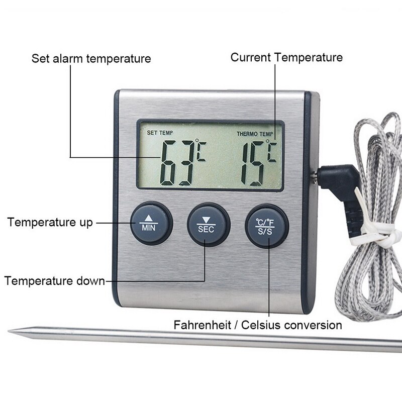 1pc Kitchen food thermometer Digital Probe Oven & Meat Thermometer Timer for BBQ Grill Meat Food Cooking