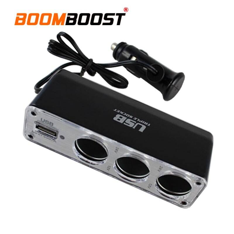 Car Cigarette Lighter 3 Way Auto Socket Splitter 12V Triple socket with one USB Charger Power Adapter Plug DC 12V