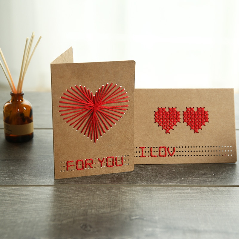 1set Heart Kraft Paper Greeting Card Invitation Card DIY Sewing Love Embroidery Blessing Paper Cards Handmade Party Wedding