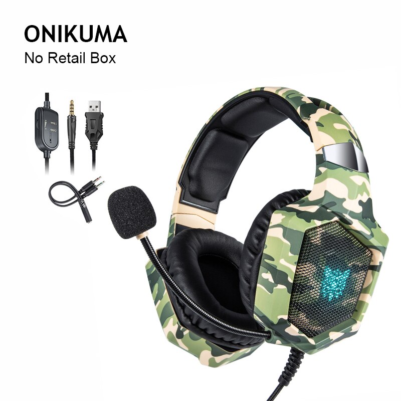 ONIKUMA K8 Gaming Headphones Camouflage Casque Wired PC Gamer Stereo Game Headset With Mic LED Light For PS4 PC XBox One Laptop: camo green no box