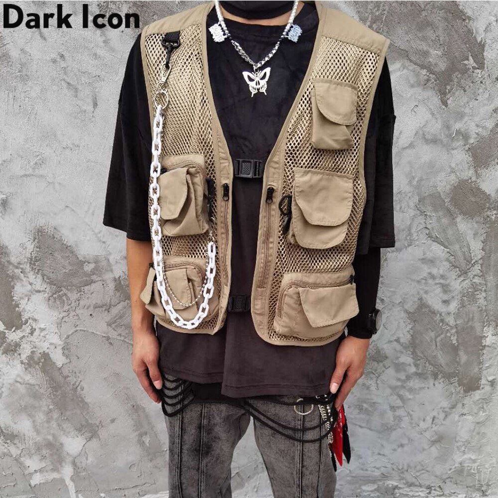 Dark Icoon Mesh Meerdere Zakken Cargo Vest Een Gesp Street Mannen Vest Jassen Met Mouwloze