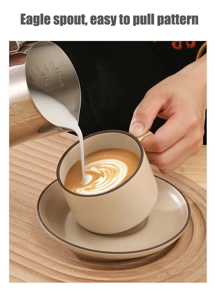 Mjölkskumningskanna i rostfritt stål, silverfärgad skummare, kaffe, lattebehållare, metallkanna, baristakopp