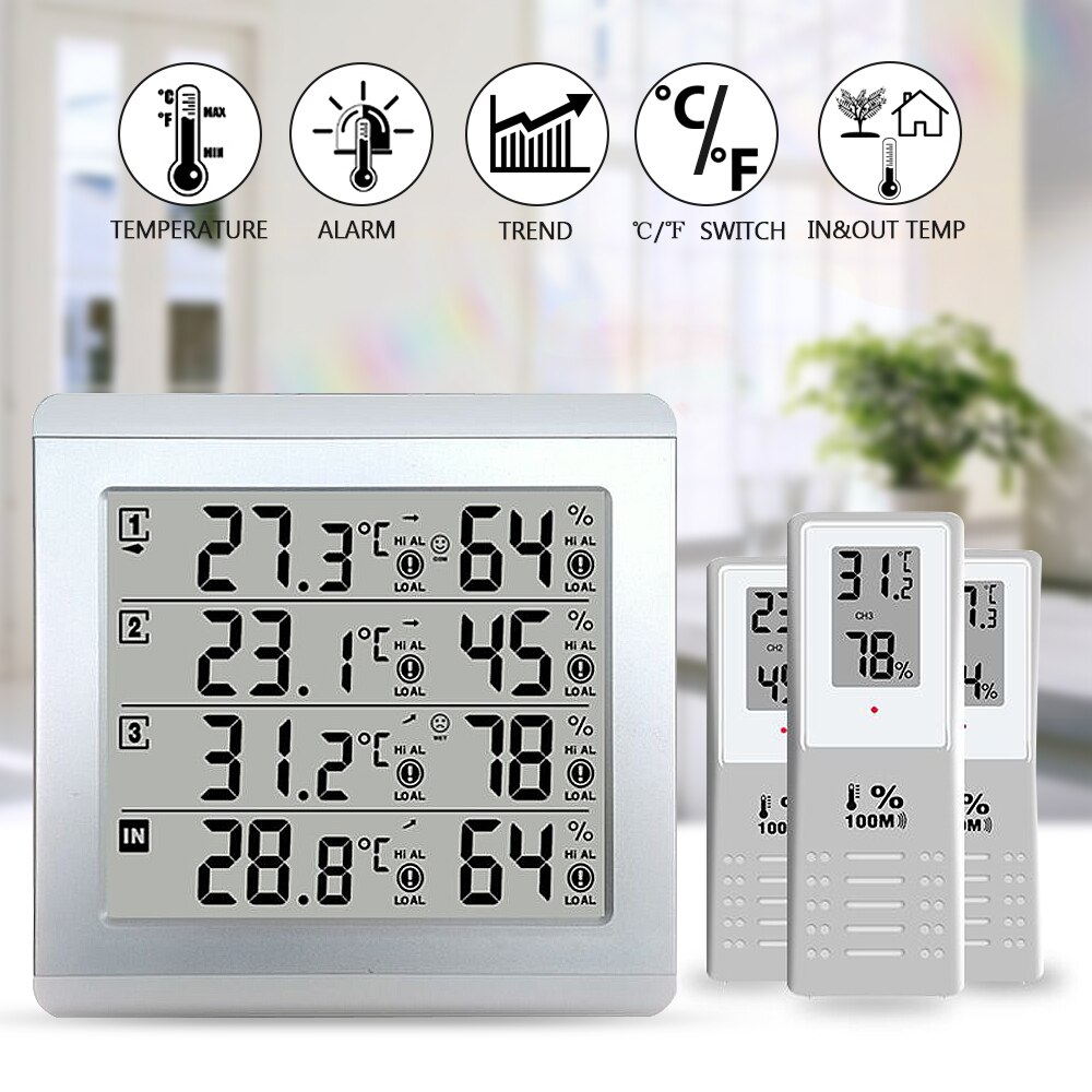 Väderstation termometer c/f värde display larm temperatur mätare station tester w / 3 utomhus inomhus trådlös sensor