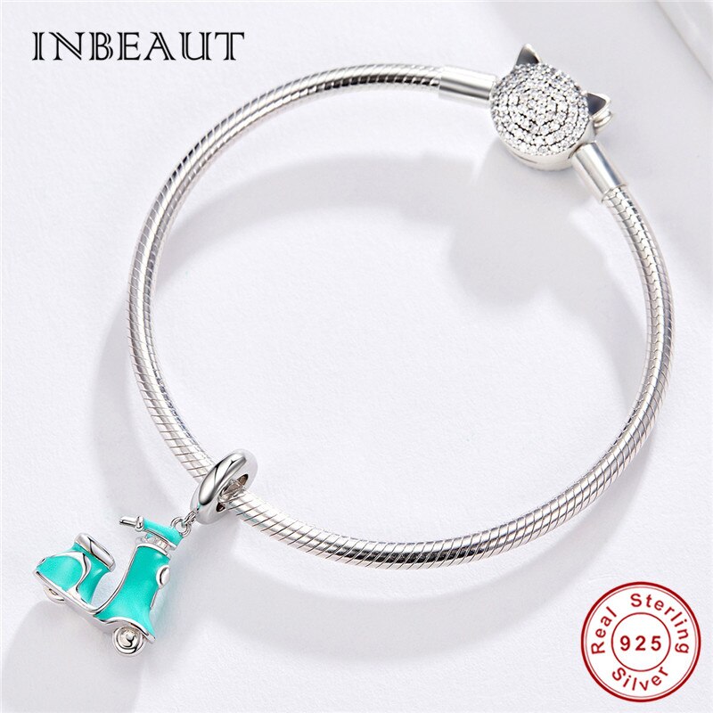 Inbeaut 100% Echt 925 Sterling Zilver Blauw Emaille Elektrische Scooter Charms Leuke Motobike Kralen Fit Armband Sieraden