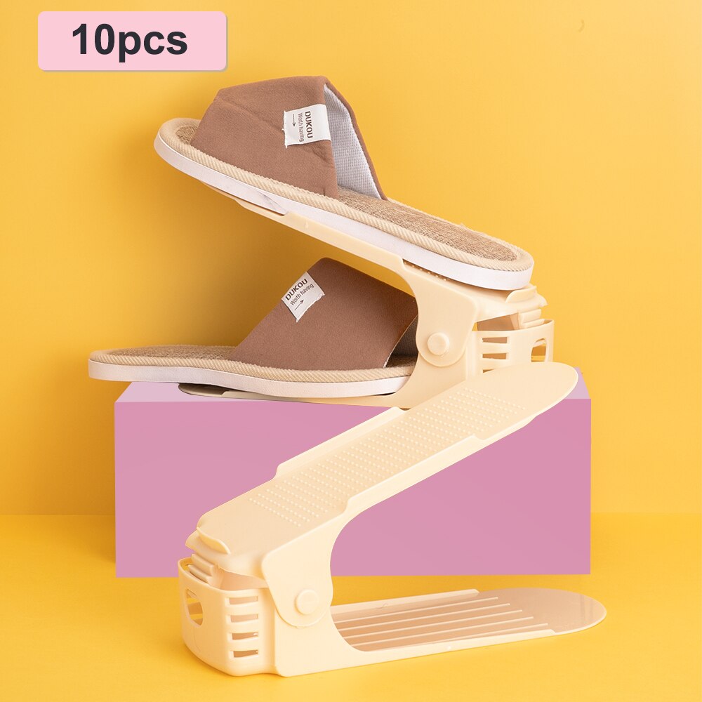 10pc Double Layer Adjustable Shoe Rack Organizer ShoeBox Footwear Support Slot Save Space Closet Shoes Storage Rack Stand Shelf: 10pcs-light yellow