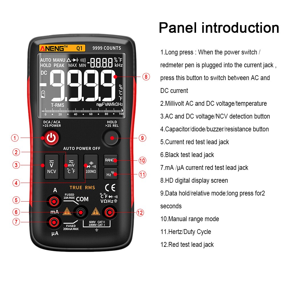 Q1 Multimeter Digital Capacitor 9999 Counts Analog Multimetro True RMS Auto Transistor NCV Ohm Tester
