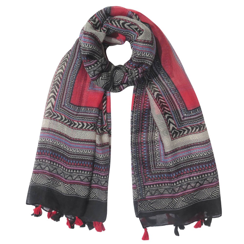 Aztec tribal mønster print kvinders store tørklæde sjal wrap med kvaster: Sort