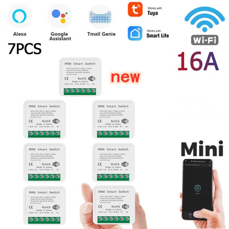 8Pcs 16A Mini Smart Wifi Diy Switch Ondersteunt 2 Way Control,Smart Home Automation Module, werkt Met Alexa Google Thuis Slimme Leven: 7PCS