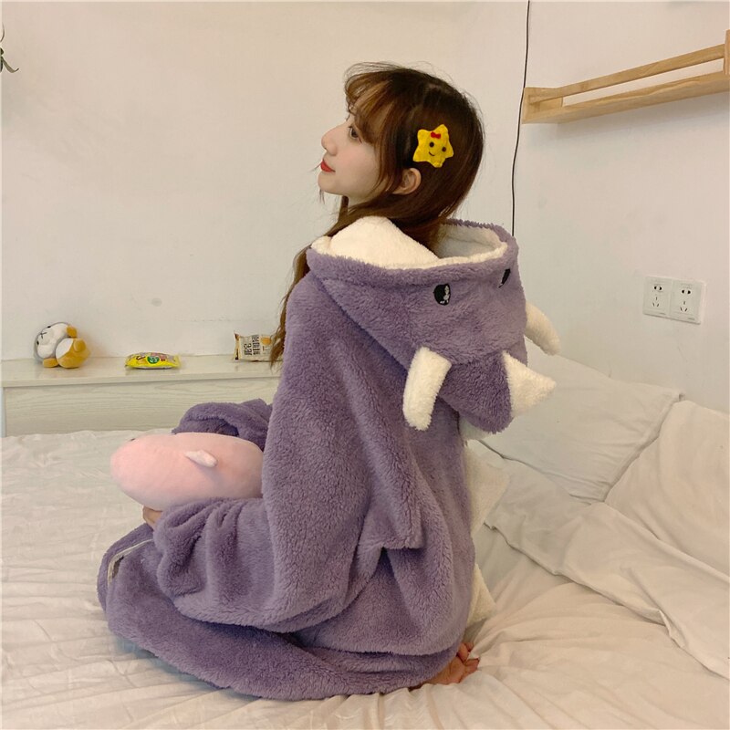 Pijamas con orejas de dibujos animados para mujer, ropa de dormir con capucha de lana de Coral, bonita y cálida para el hogar, Otoño e Invierno
