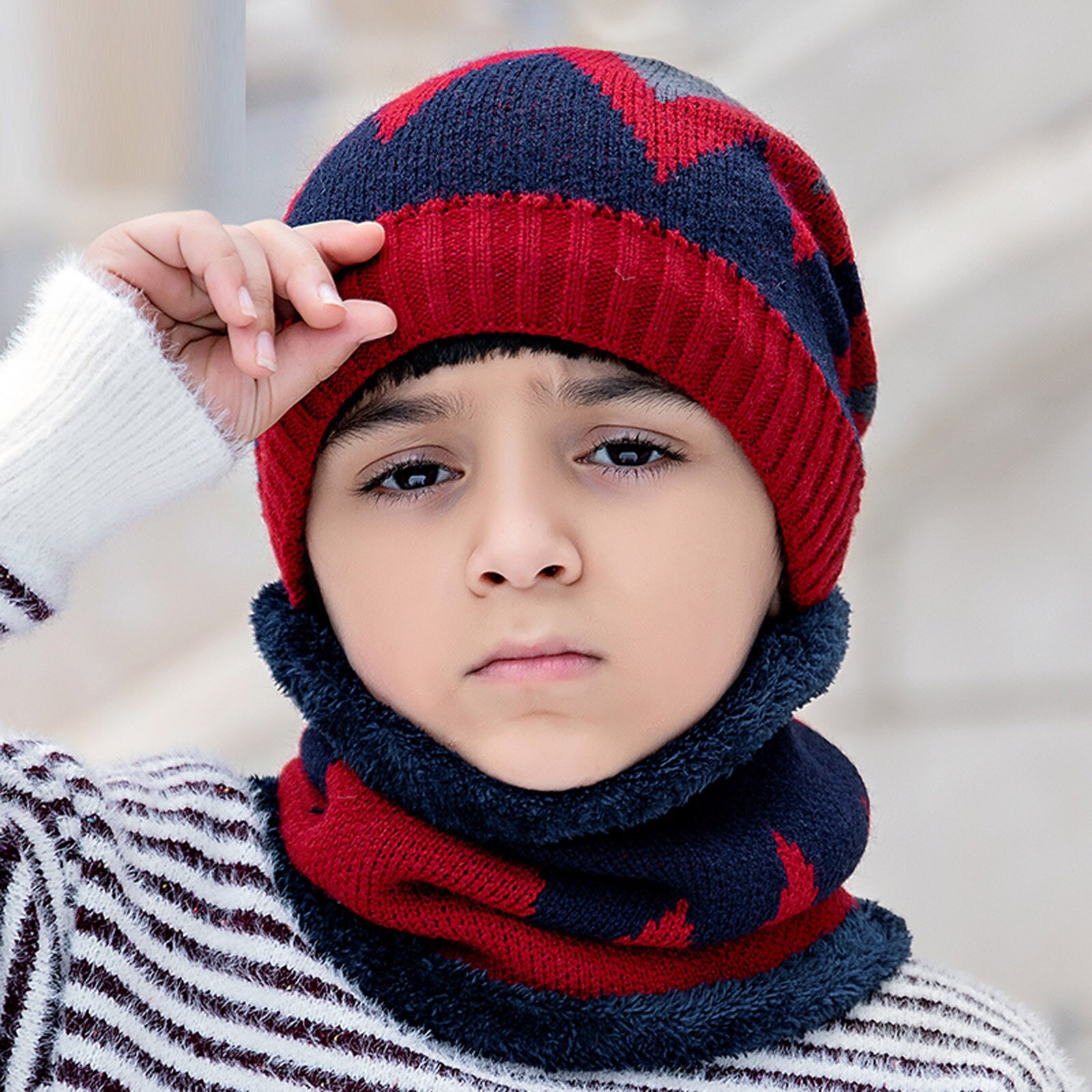 Warm Beanies Hat For Girl Ring Scarf Pompoms Winter Hats Knitted Caps Scarf 2 Pieces Winter Hat Scarf Set For child: Wine 