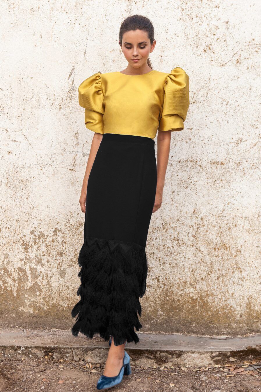 Echoine Women vintage two piece sets sexy Puff sleeve maxi Pencil skirt tops pants suits tassel British party female clothing: Yellow / M